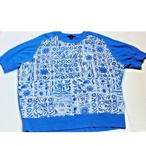 NWT Ann Taylor XL Blue White Tile Print Mixed Media Sweater Top Mediterranean